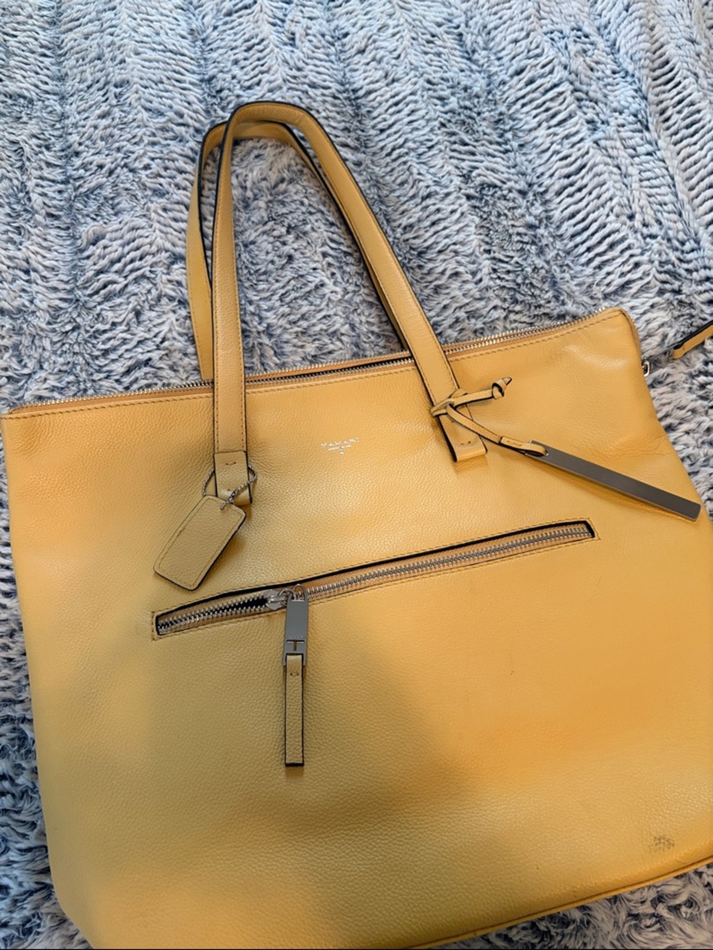 Tahari Yellow Leather Tote with Front Zip Pocket